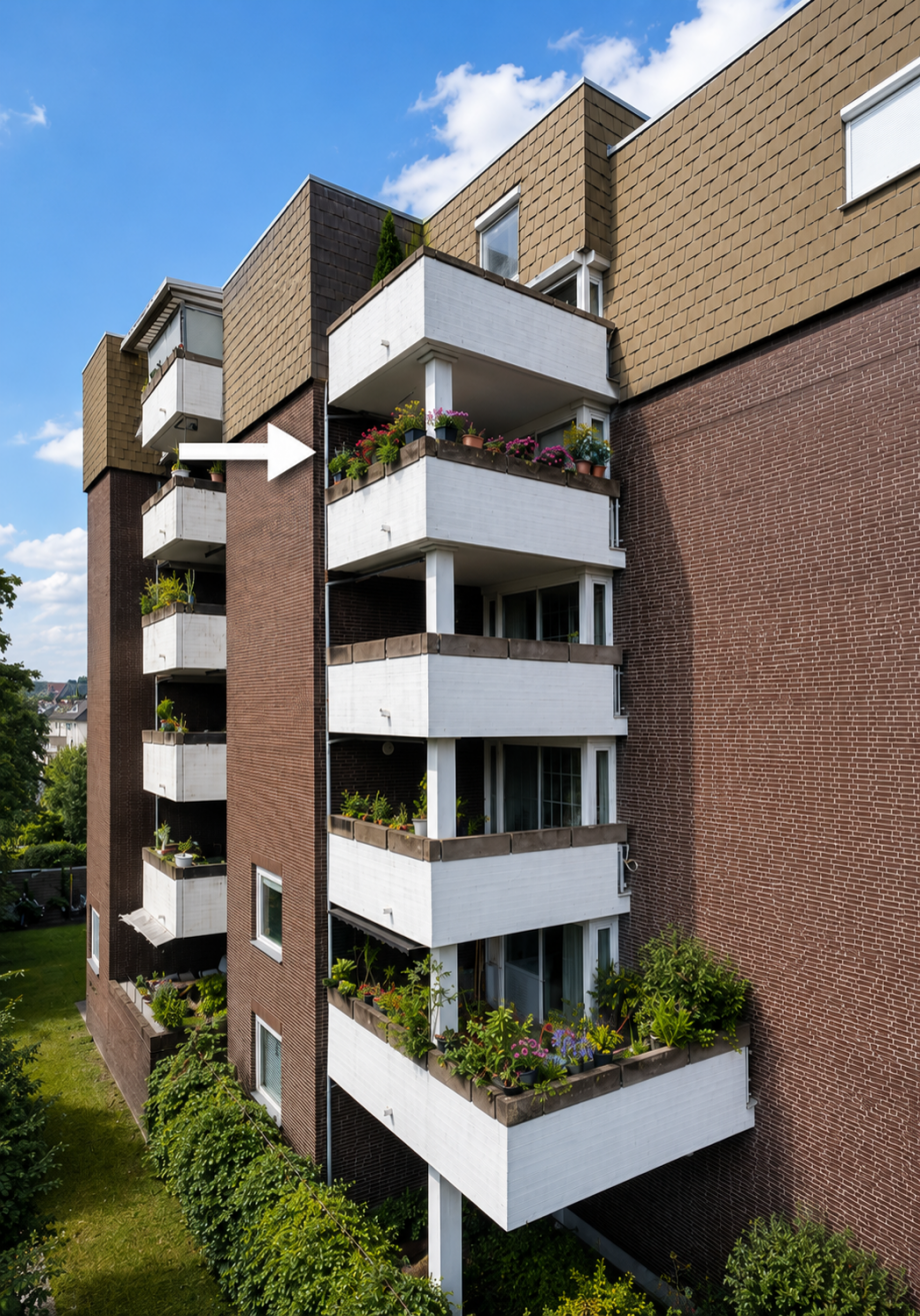 Hausansicht mit S�d-Westbalkon (Pfeil) Etagenwohnung Hannover